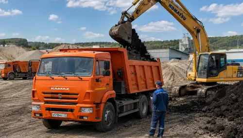 Погрузка чернозема на базе перед доставкой клиенту