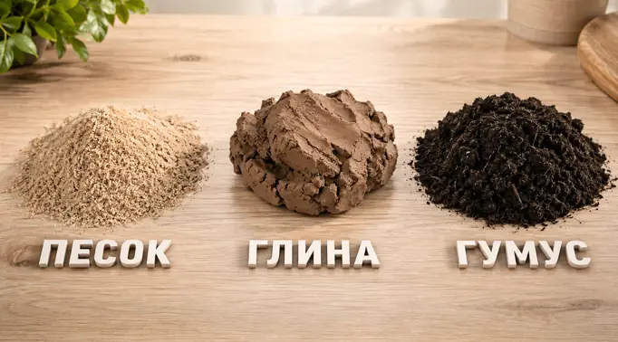 Три кучки материалов лежат на деревянном столе: сыпучий песок, плотная красно-коричневая глина и черный рассыпчатый гумус.