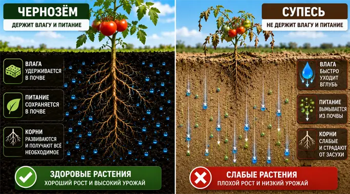 Инфографика почвы в разрезе. Слева показан чернозем, который удерживает воду у корней томатов. Справа показана супесь, сквозь которую вода и удобрения стремительно утекают вниз, оставляя корни сухими.