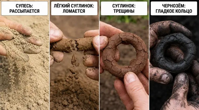 Инфографика. Четыре шага определения типа грунта своими руками: рассыпающаяся супесь, ломающийся легкий суглинок, трескающееся кольцо тяжелого суглинка и идеально гладкое кольцо чернозема или глины.