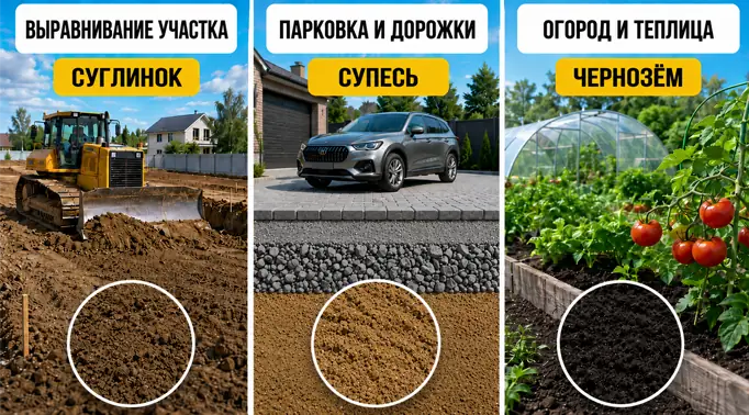 Сводная инфографика выбора грунта. Три секции: трактор выравнивает участок суглинком, парковка отсыпается супесью, грядка с помидорами растет на плодородном черноземе.