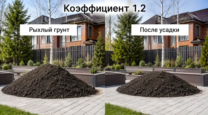 Сравнительная иллюстрация рыхлого чернозема до усадки и плотного грунта после полива. Инфографика объясняет, почему при заказе земли необходимо использовать коэффициент уплотнения 1.2.
