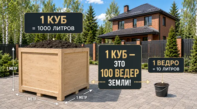Инфографика перевода одного кубического метра чернозема в литры и ведра. Наглядно показано, что 1 куб вмещает 1000 литров грунта, что равняется 100 десятилитровым ведрам.