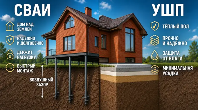 На 3D-инфографике показано наглядное сравнение свайного фундамента с воздушным зазором и утепленной бетонной плиты (УШП) для кирпичного дома.