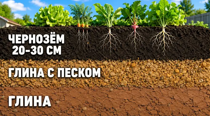 На 3D-инфографике показан правильный послойный разрез почвы при использовании чернозема на глинистом участке. Внизу расположена плотная глина, посередине — переходный слой из глины с песком, а сверху насыпан чистый чернозем.