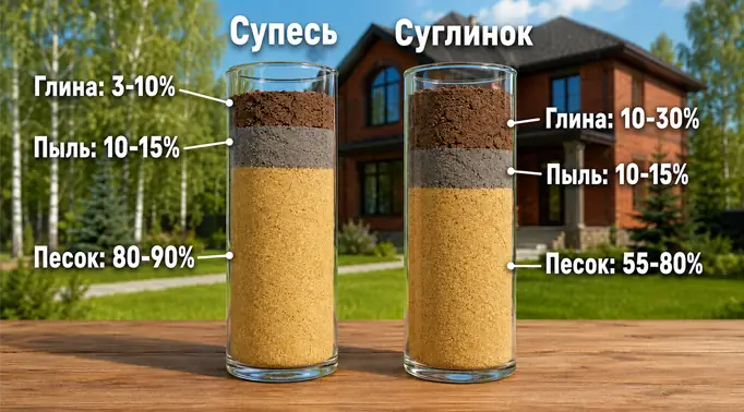 Инфографика в виде двух прозрачных стеклянных колб. Колбы показывают наглядное процентное соотношение слоев песка, пыли и глины в супеси (слева) и суглинке (справа).