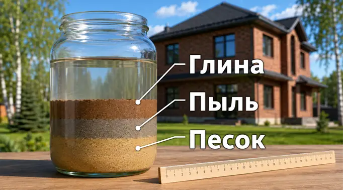 Фотореалистичное изображение прозрачной стеклянной банки с чистой водой, на дне которой грунт осел тремя четкими слоями: песок, пыль и глина.
