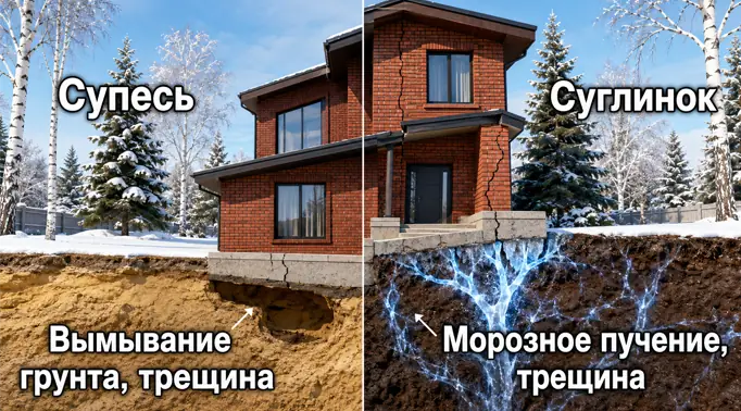Кирпичный дом зимой. Слева показано вымывание песчаного грунта (супесь), из-за чего левая часть фундамента и стены просела вниз и дала трещину. Справа показано образование синего льда в глинистом грунте (суглинок), который вытолкнул правую часть фундамента высоко вверх, также расколов стену.