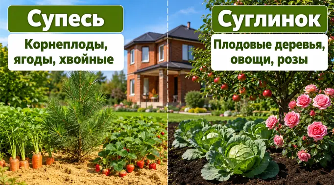 Инфографика. Слева на песчаной почве (супесь) растут морковь, клубника и сосна. Справа на темной почве (суглинок) растет яблоня с красными яблоками, капуста и розы.