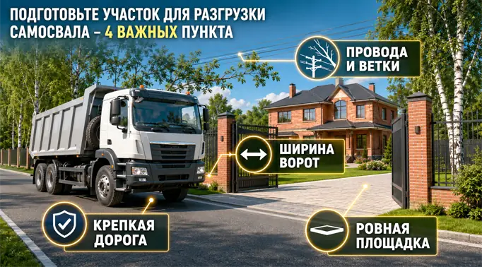 Инфографика-схема подготовки дачного участка к разгрузке грунта. Указатели выделяют прочную дорогу, ширину ворот, отсутствие проводов сверху и ровную площадку для выгрузки.