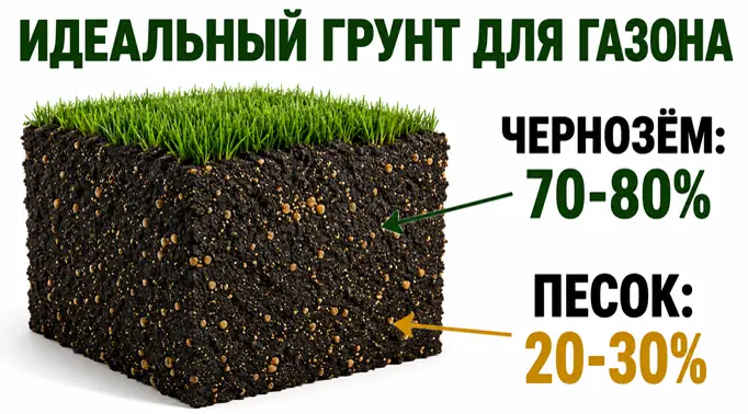 Инфографика, показывающая идеальный состав грунта для газона. На схеме проиллюстрирован кубик земли, в котором 70–80 процентов темного чернозёма равномерно перемешаны с 20–30 процентами песка.