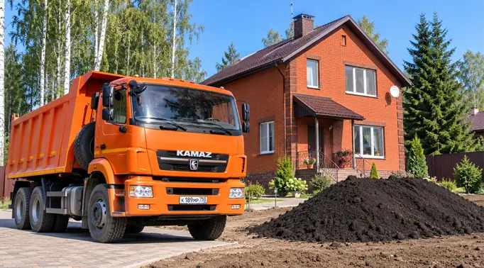 КамАЗ выгрузил плодородный чернозем на грунтовую площадку для газона.