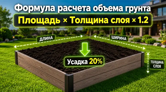 3D инфографика с формулой расчета объема чернозема для грядки с учетом коэффициента усадки 1.2.