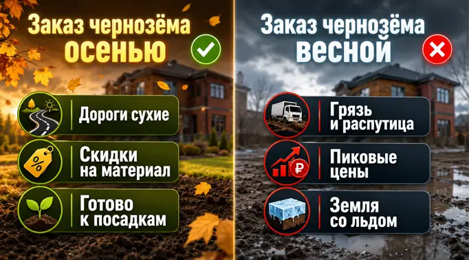Сравнительная инфографика плюсов и минусов доставки чернозема осенью и весной.